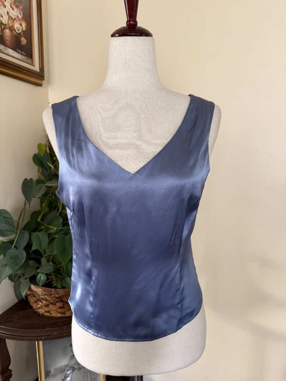 Vintage 90s Gantos Silk Tank Top Dusty Blue V Neck sz M NEW
